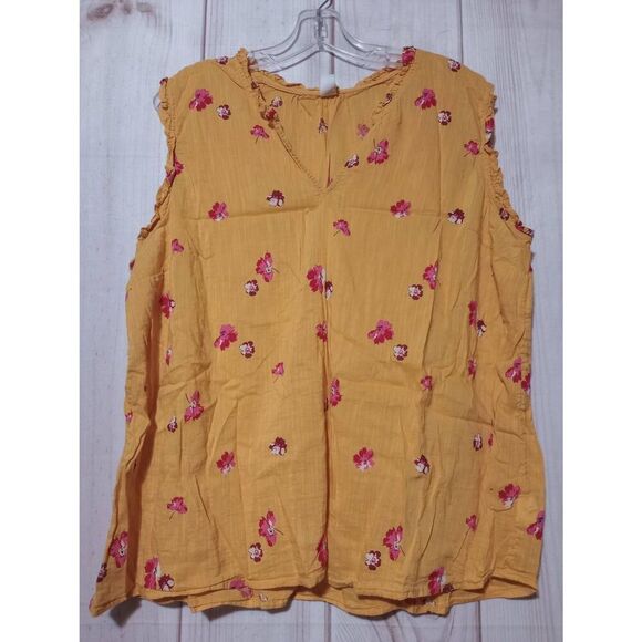 Old Navy Shirt Ladies Extra Large Gold Pink Floral Sleeveless Semi Sheer Light W - Picture 1 of 9
